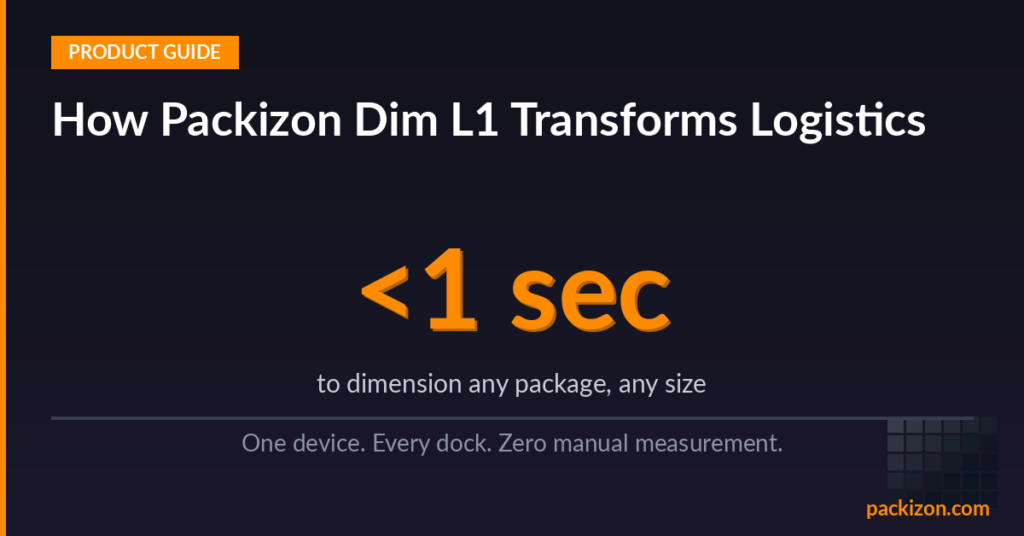 Packizon Dim L1 AI-powered package dimensioning system on warehouse floor