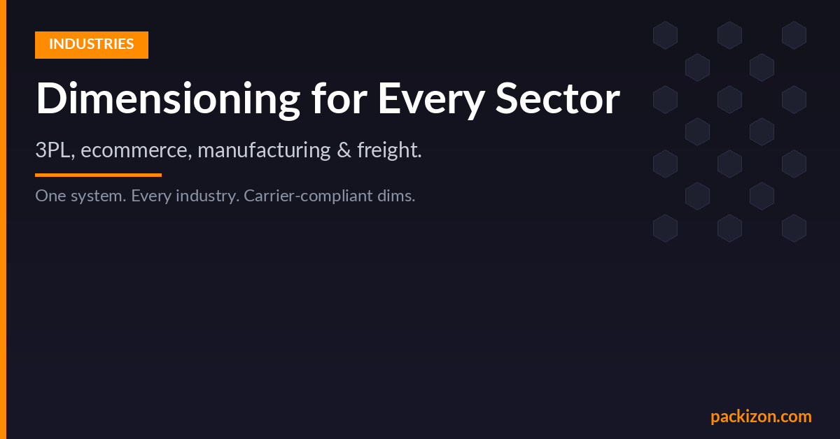 Packizon dimensioning solutions by industry — 3PL, ecommerce, manufacturing, retail, and pharmaceutical