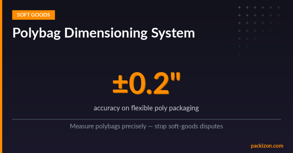 Polybag and flexible packaging being measured by AI dimensioning system